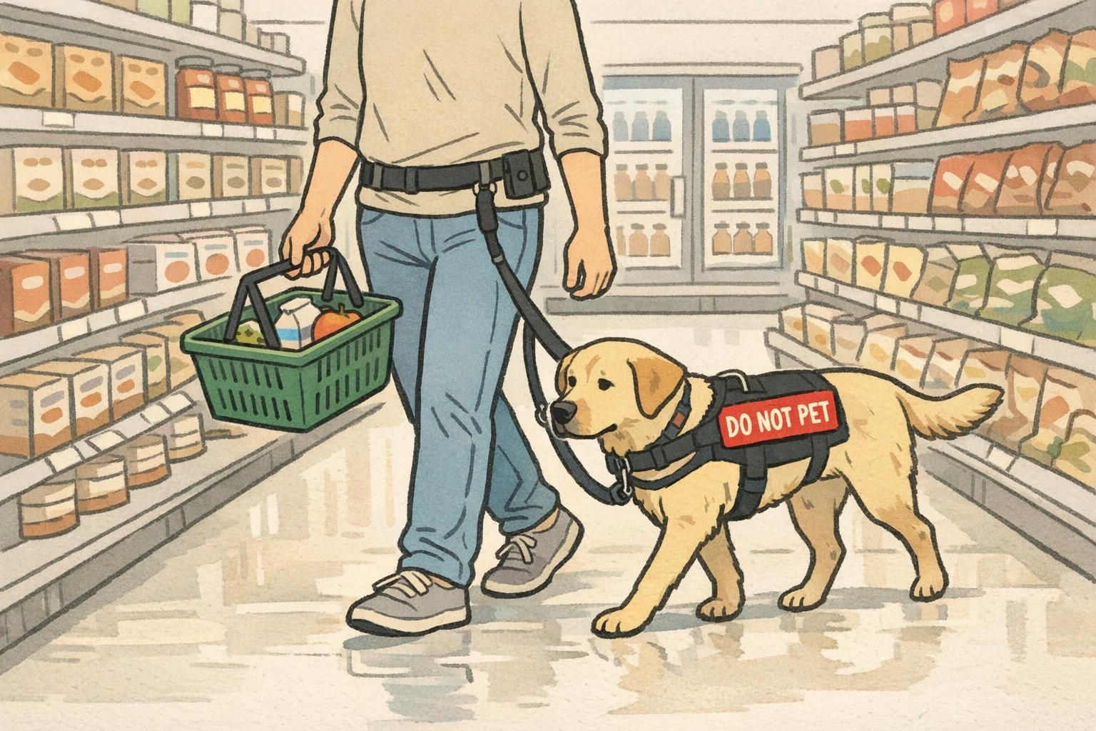 In a grocery store aisle, a handler uses a hands-free belt leash and holds a shopping basket as the service dog walks in a focused heel position.