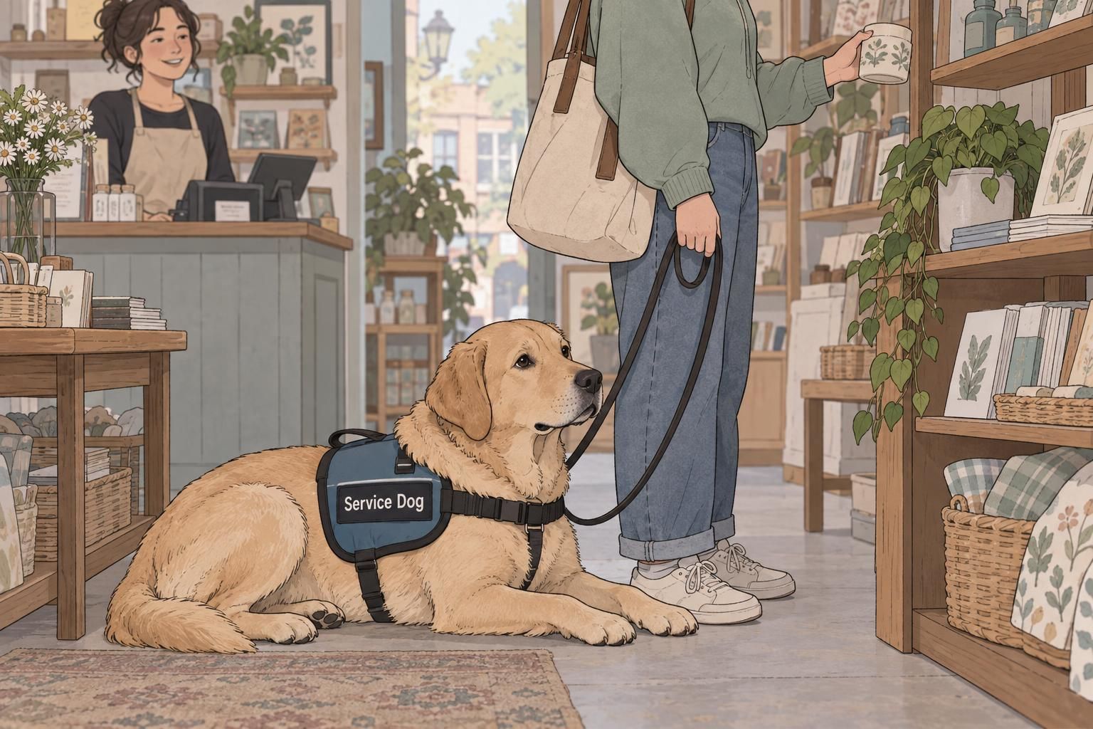 A service dog wearing a clearly marked vest settles beside its handler inside a neighborhood shop.