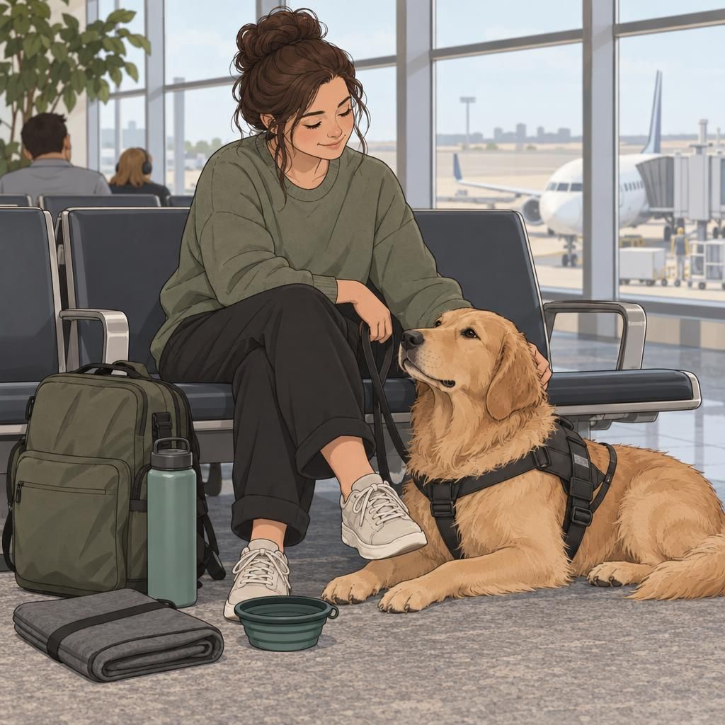 A service dog settles beside its handler in an airport waiting area, with a travel bag, water bottle, collapsible bowl, and folded mat ready for the journey.