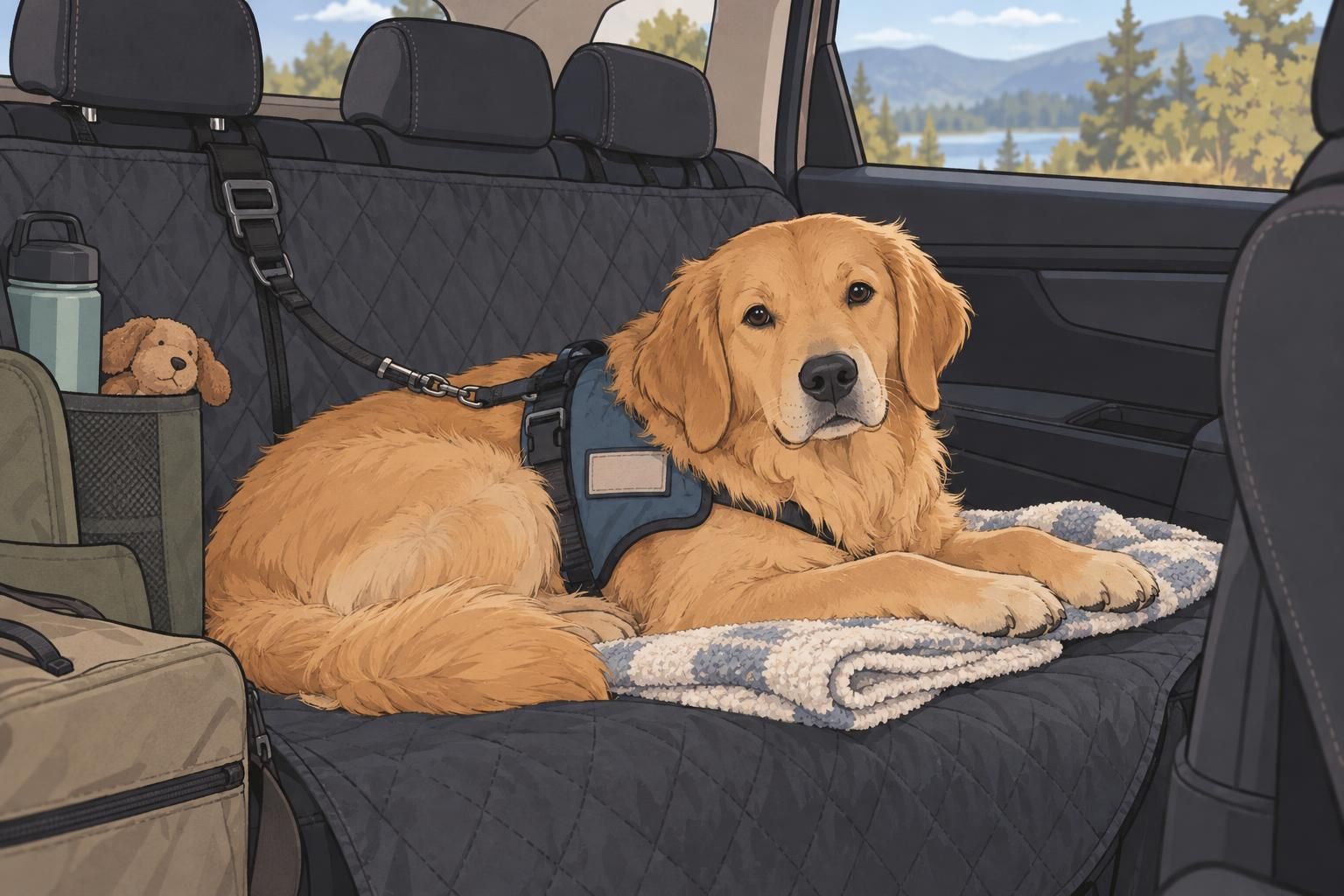 A service dog rests in a secured car setup with a washable seat cover and folded blanket for comfort.