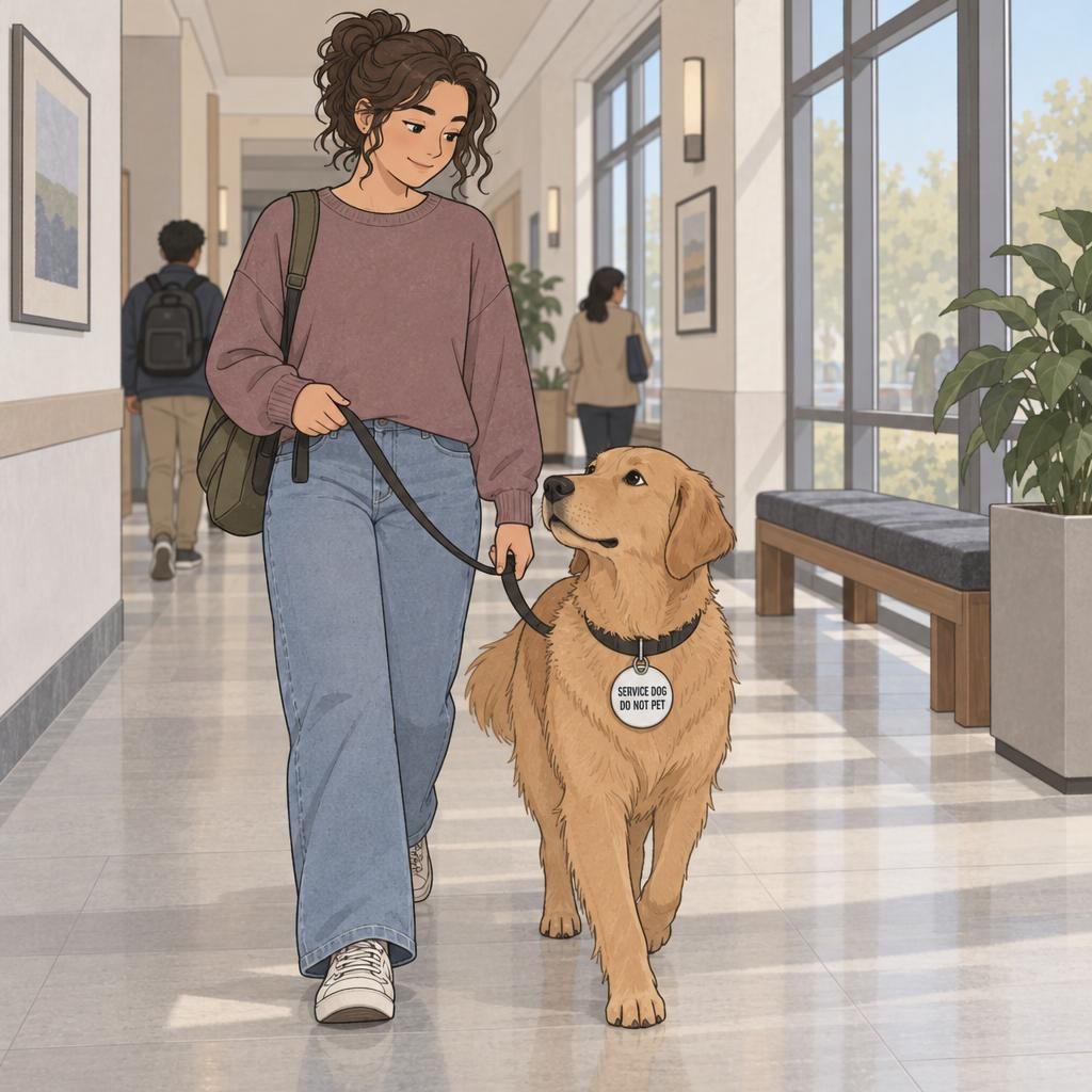 A handler walks with a service dog wearing a collar tag that communicates its working role and asks others not to pet.