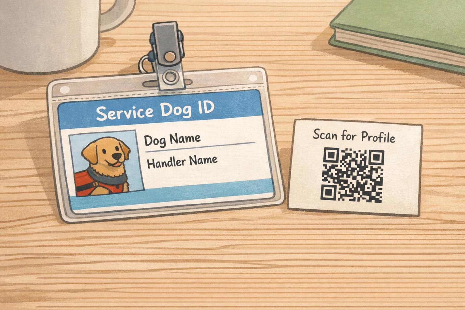 A printed service dog ID card displayed beside a small card containing a QR code used to access an expanded digital profile.