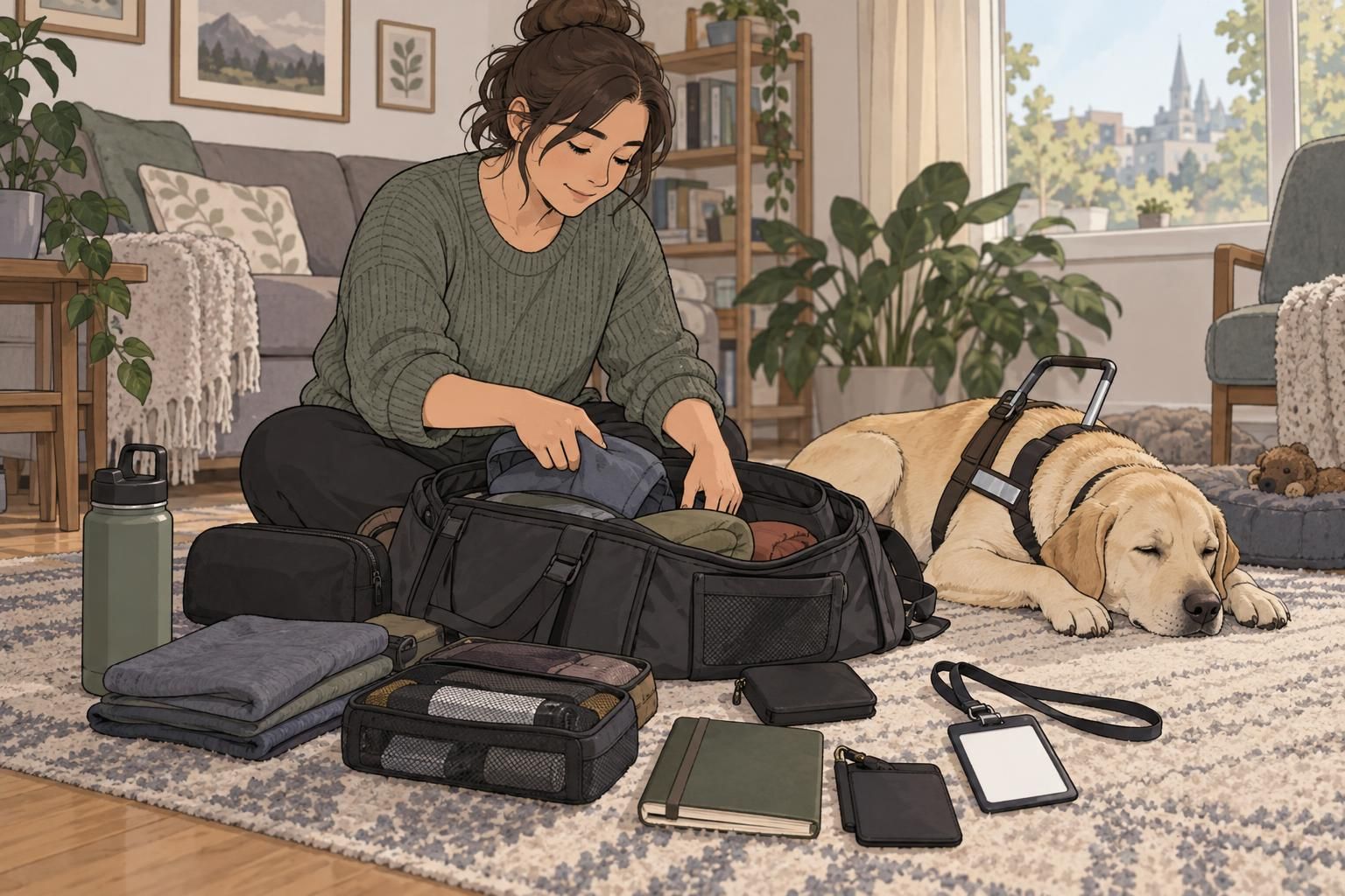 A handler prepares travel supplies while a guide dog rests nearby at home.