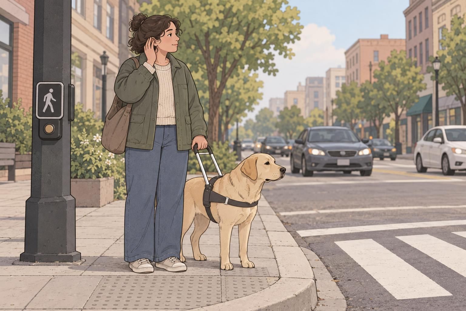 A guide dog and handler pause at a curb as the handler listens to traffic before deciding when to cross.