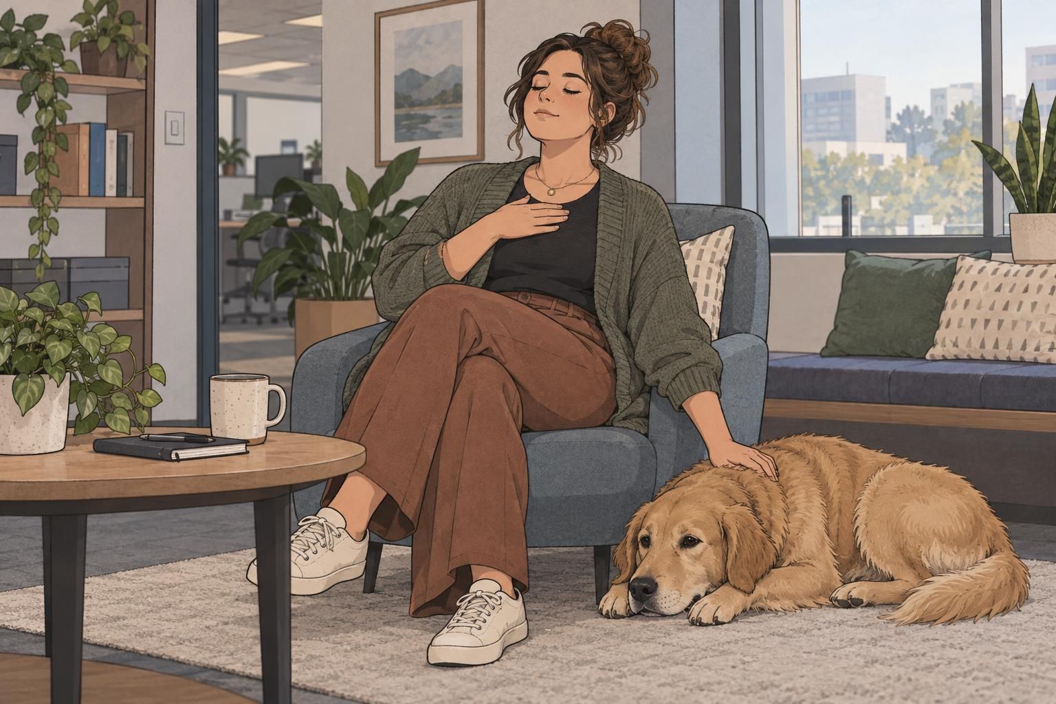 An employee takes a quiet grounding pause with a service dog close by in a workplace seating area.