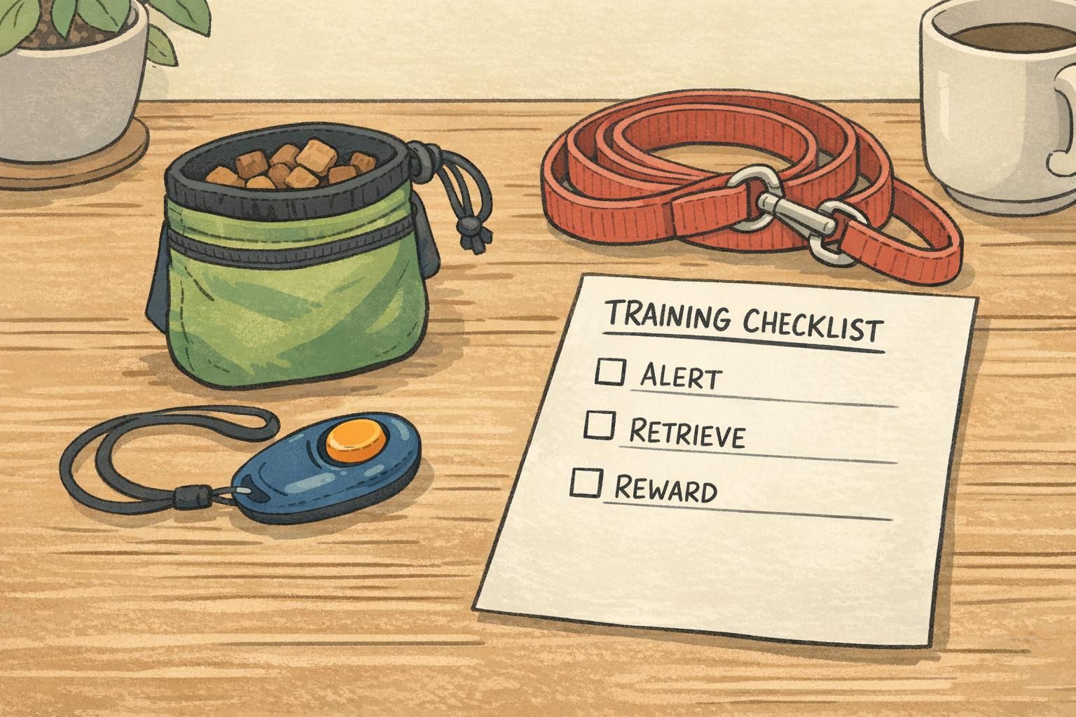 Tabletop training essentials neatly arranged: clicker, treat pouch, leash, and a written training checklist used for teaching medication alerts and retrieval behaviors.