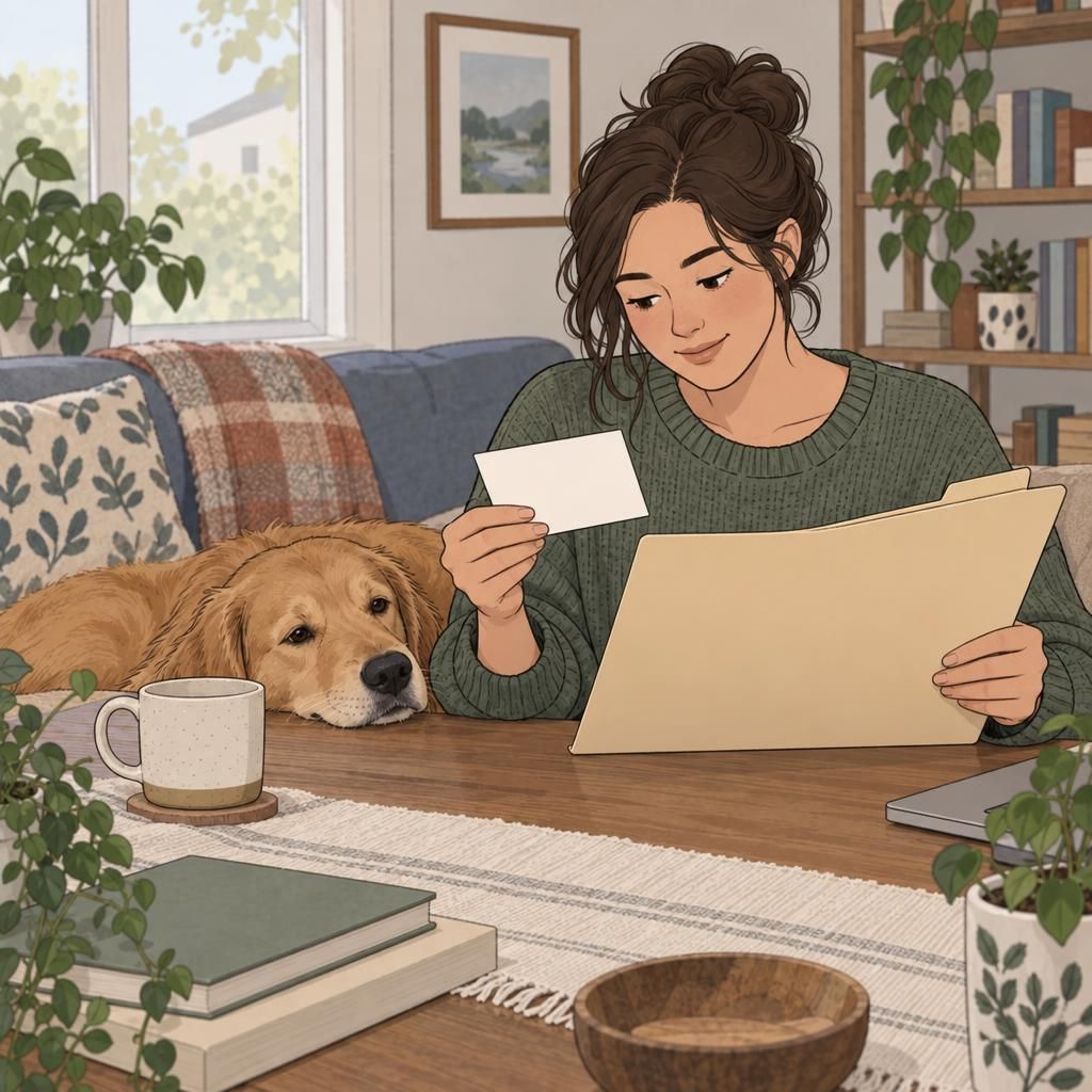 An adult reviews housing documents and a blank identification card at home beside a relaxed emotional support animal.