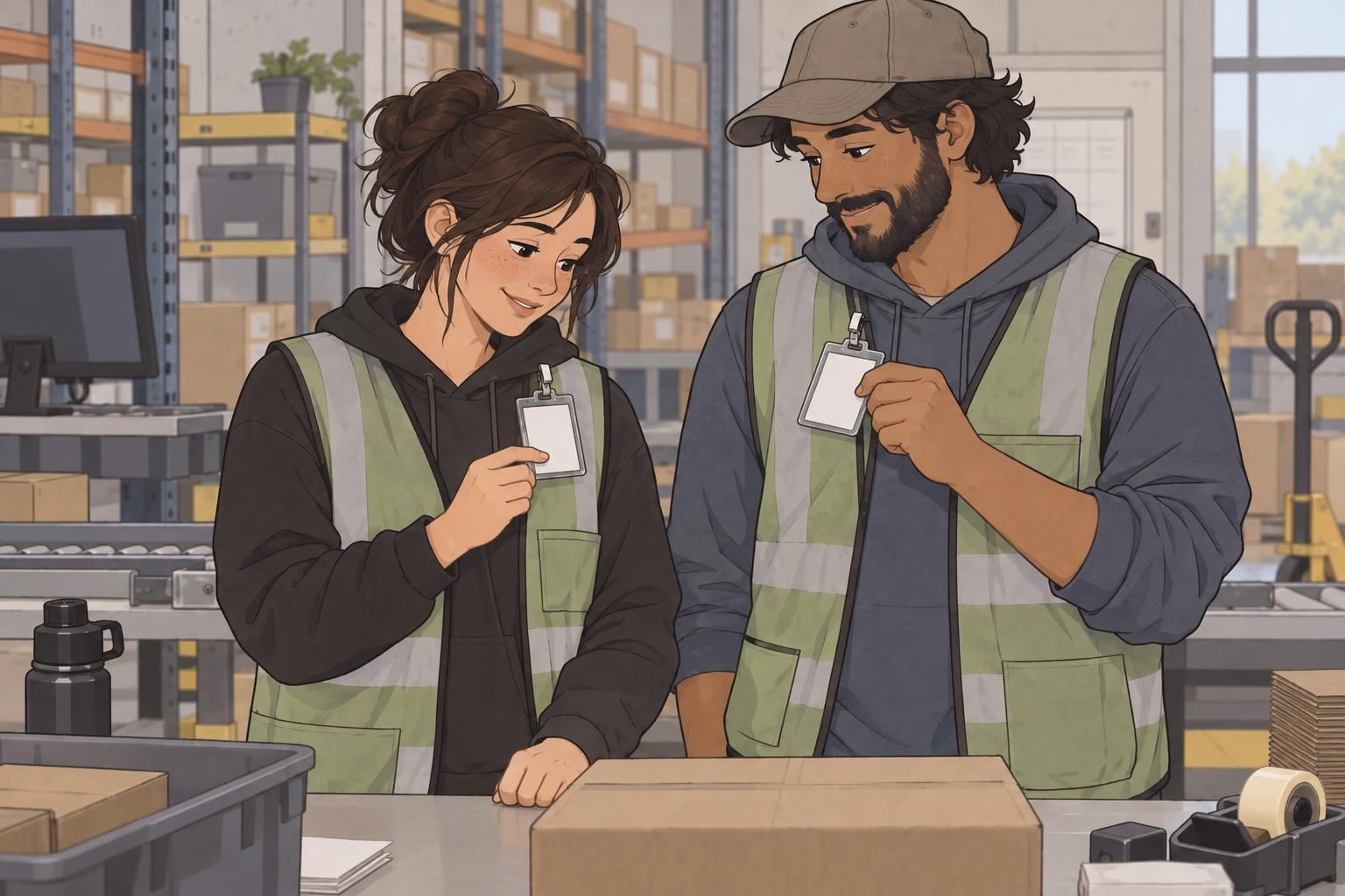 A warehouse supervisor and coworker comparing industrial ID badges clipped to their work vests near a packing station.
