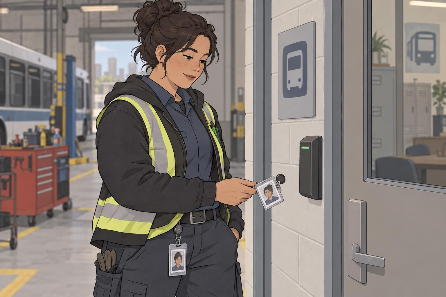 A transit maintenance worker checks a transportation ID badge in a clear belt-mounted holder before presenting it to a reader.