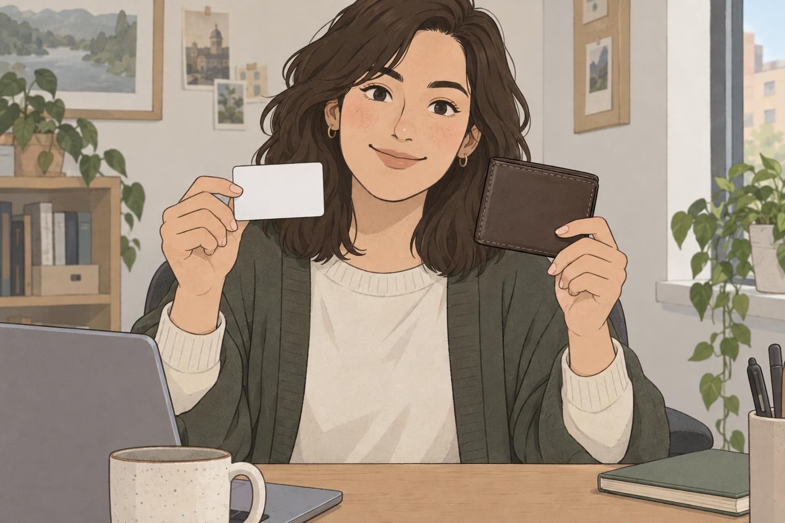 An office worker compares a blank CR80 ID card with a standard wallet to show its familiar proportions.