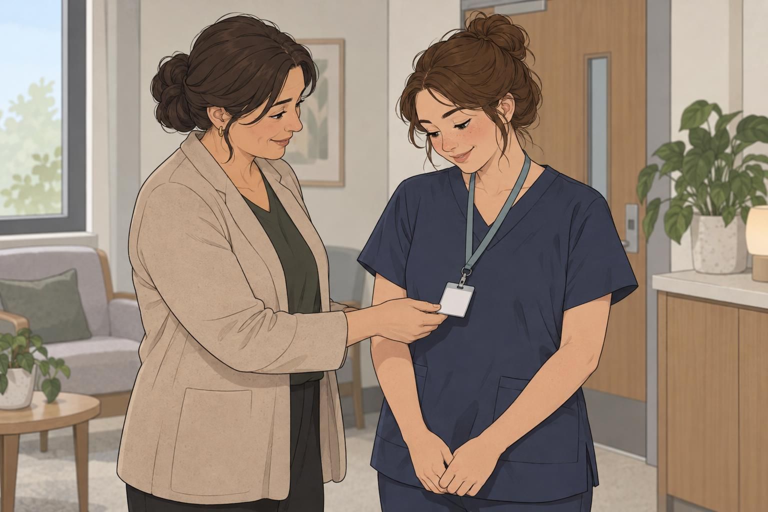 A practice manager checks a staff member’s badge during a calm onboarding conversation.