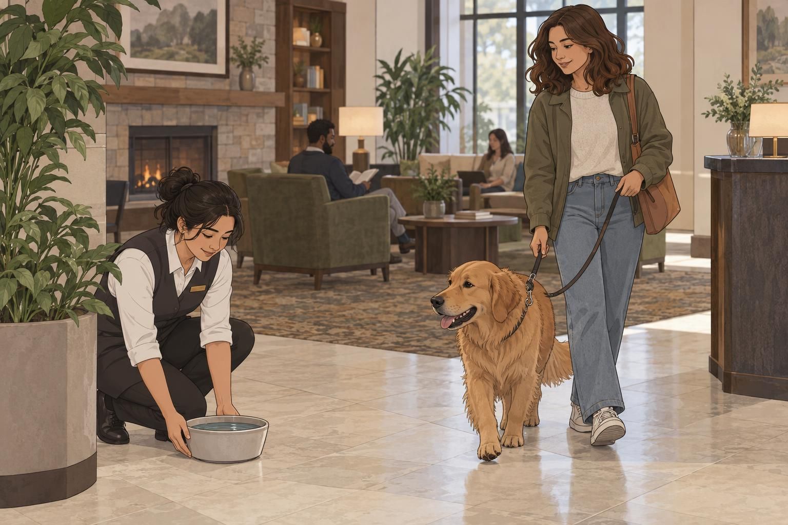 A hotel employee sets out a water bowl as a handler walks by with a service dog.