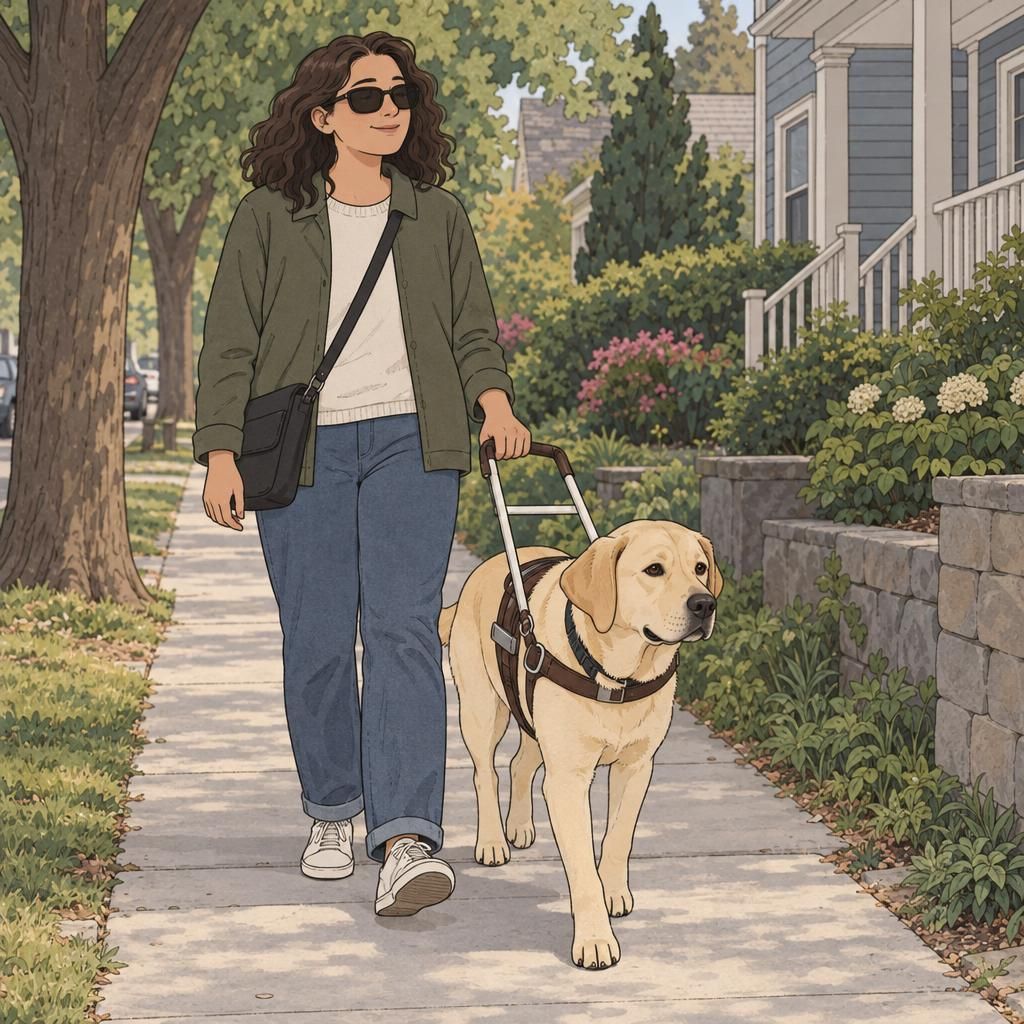 A blind adult walks with a guide dog along a quiet neighborhood sidewalk, holding the harness handle as they travel together.