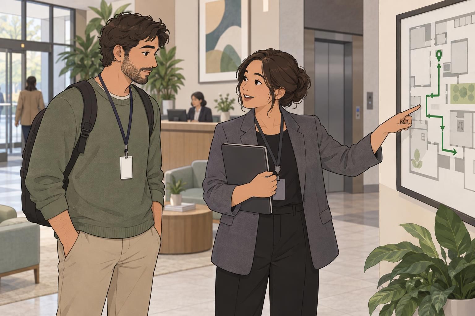A visitor and staff member discuss an approved route while the visitor wears an access-enabled plastic card.