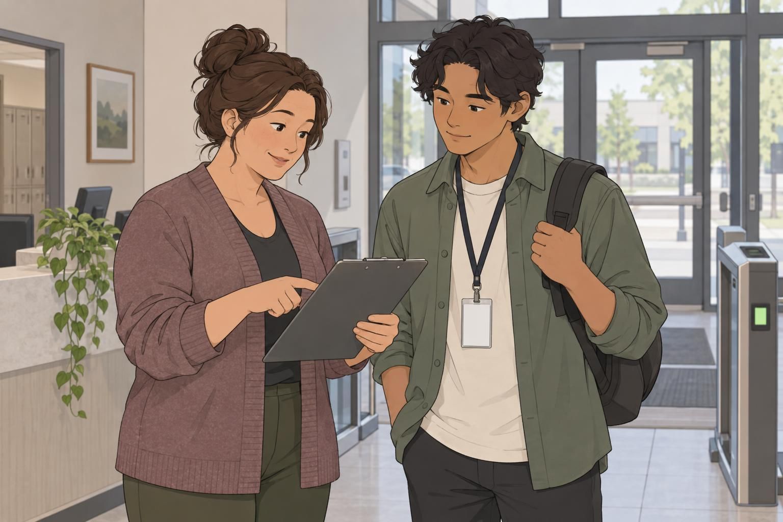 A supervisor reviews an onboarding checklist with a new worker wearing a blank ID badge on a lanyard.