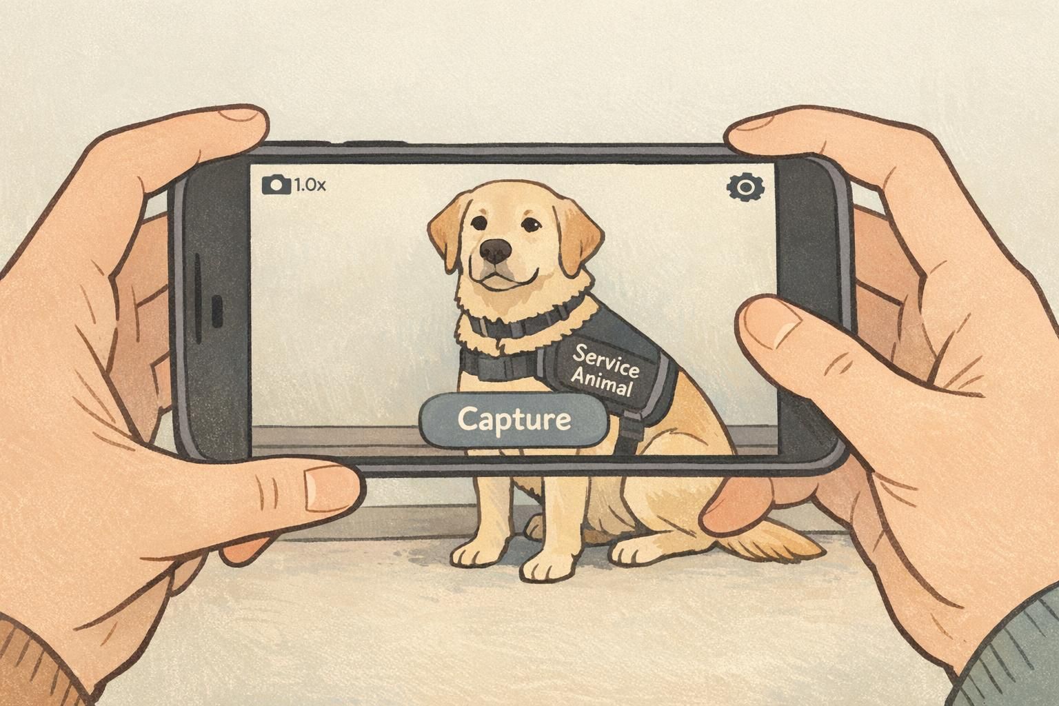 A close-up smartphone view framing a service dog against a plain background to capture a clear, front-facing photo for an ID card.