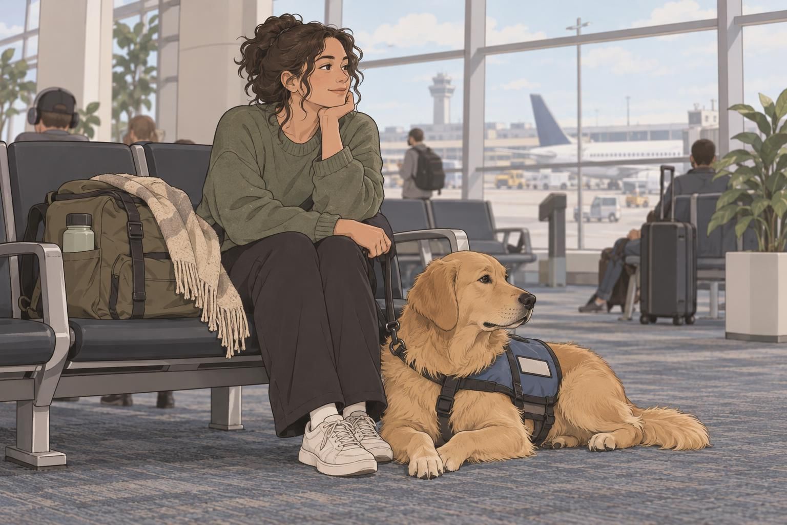 A handler and service dog wait together beside packed luggage in an airport seating area.