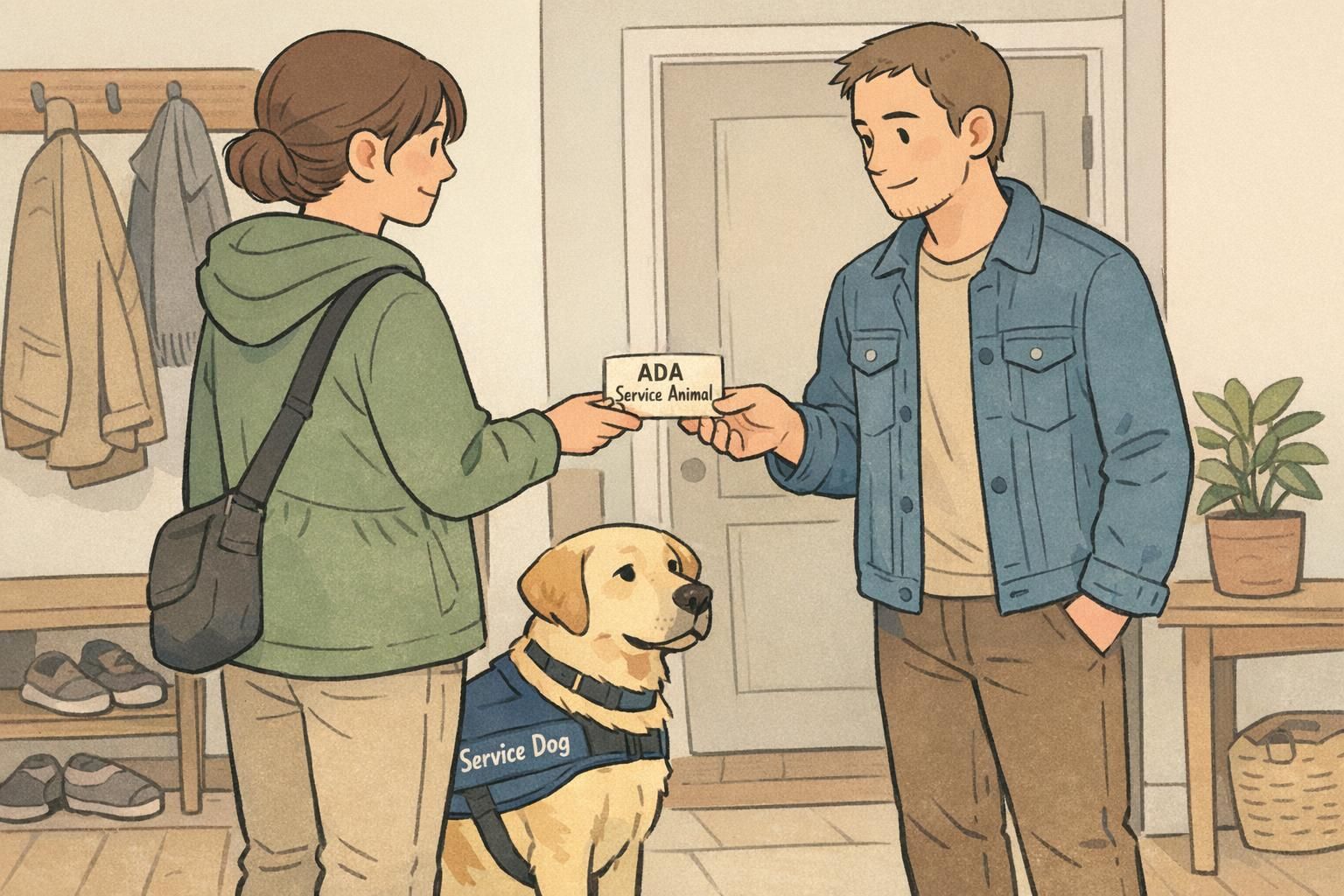 A handler gently hands an ADA service animal card to another person in a quiet entryway while the service dog stands politely at heel.