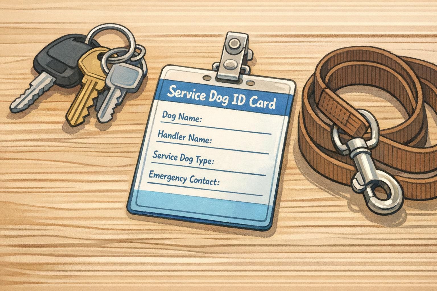 Close-up of a wallet-sized identification card lying next to keys and a leash on a tabletop, showing a clear photo area and name fields for quick reference.