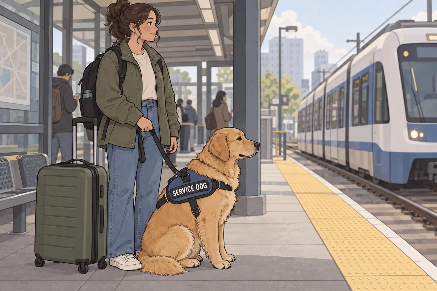 A handler and service dog wait with luggage on a public transit platform.