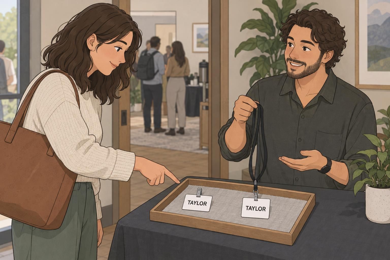 An attendee chooses between a clip-on name tag and a lanyard for comfortable event identification.