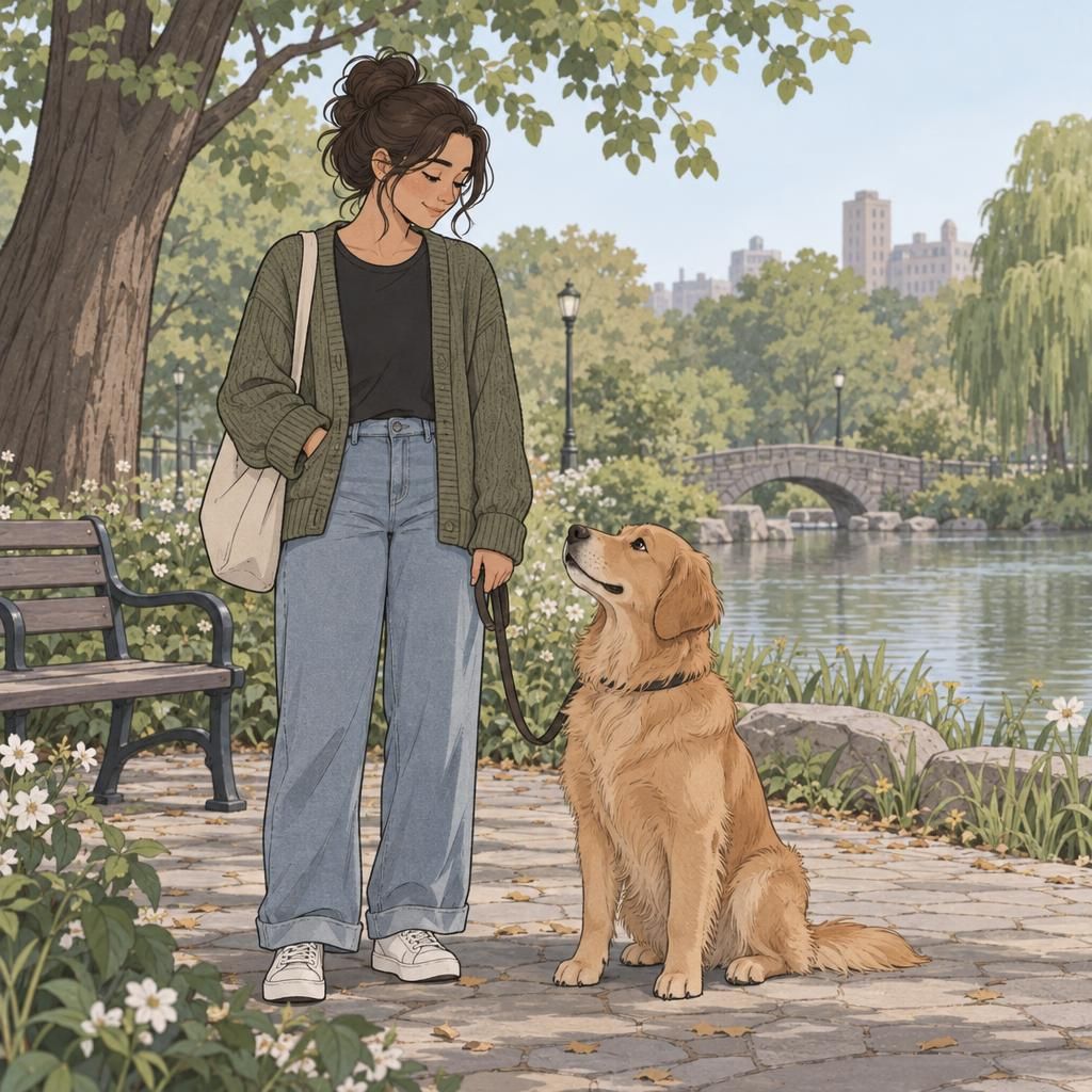 A handler and attentive service dog pause together in a quiet park, illustrating everyday life with an assistance animal.