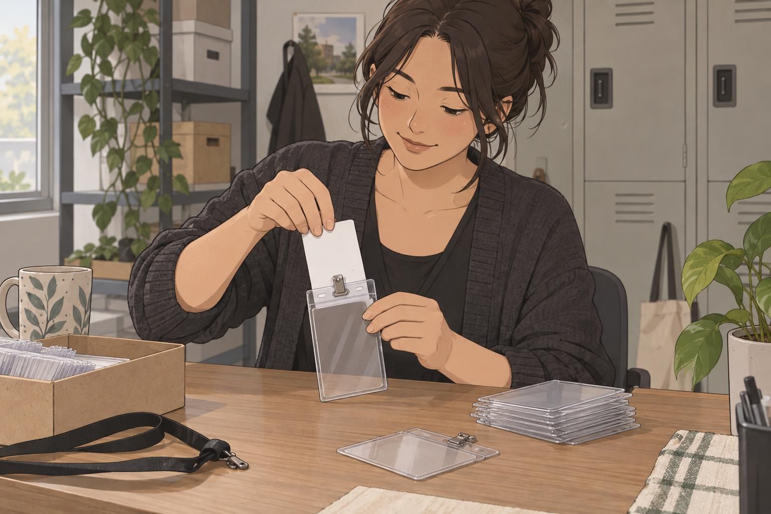 A staff member places an ID card into a clear holder, keeping the card protected and ready for storage.