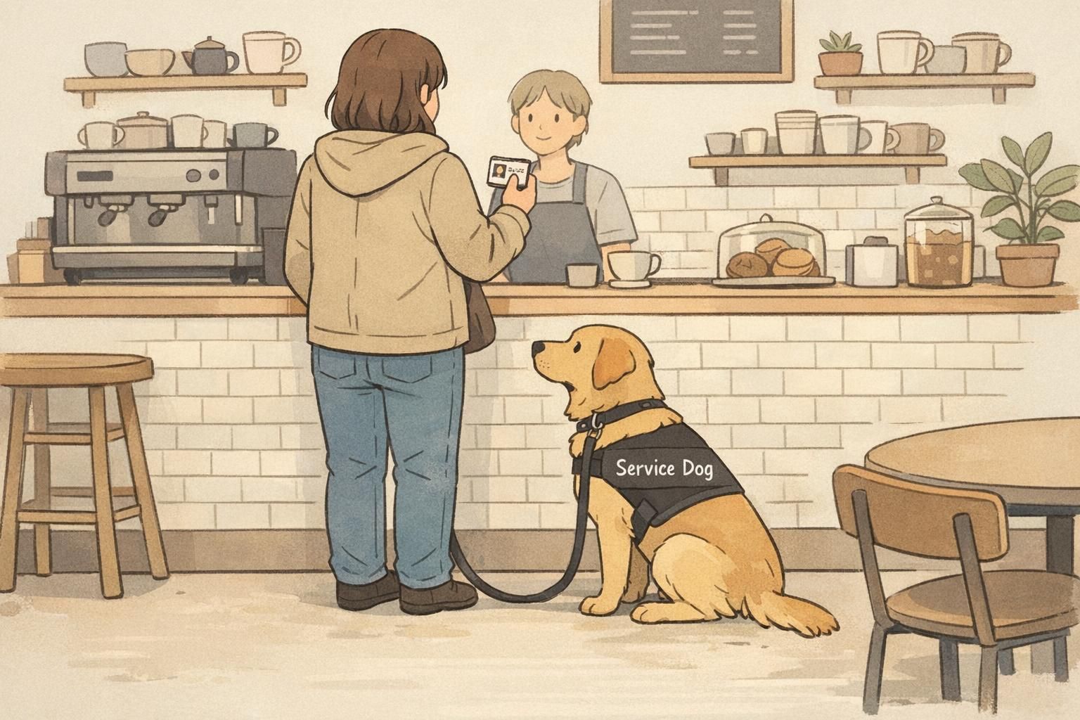 A handler at a café counter holds a wallet-sized service dog ID card while their service dog waits calmly in a sit-stay wearing a service vest.