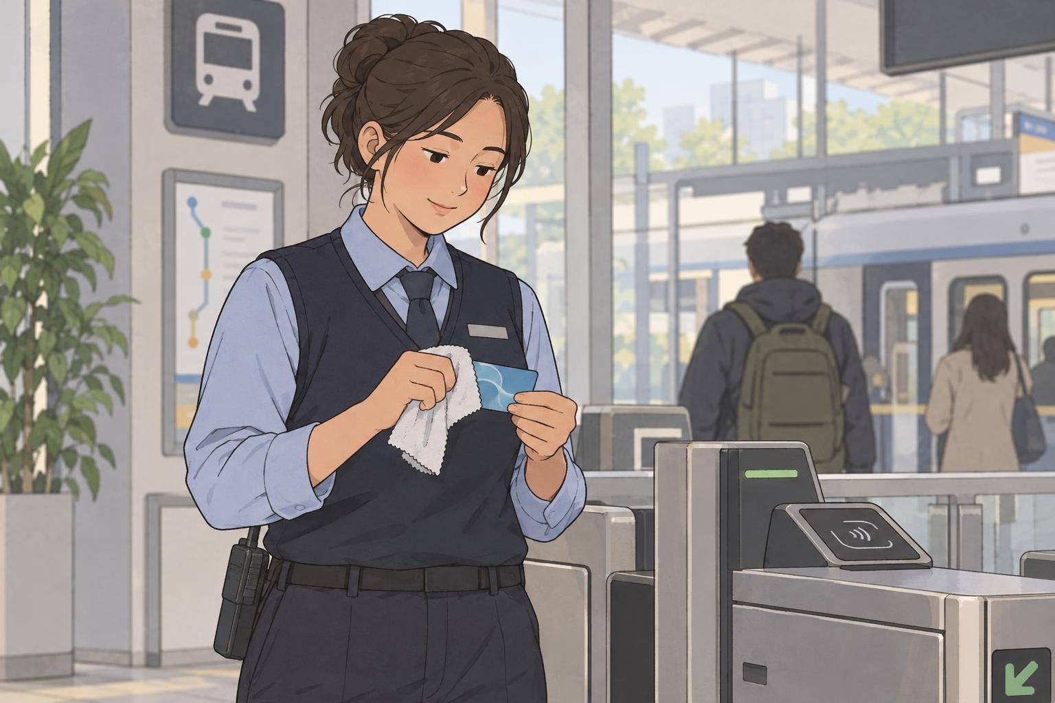 A transportation staff member gently wipes an access card before scanning it as part of routine badge care.