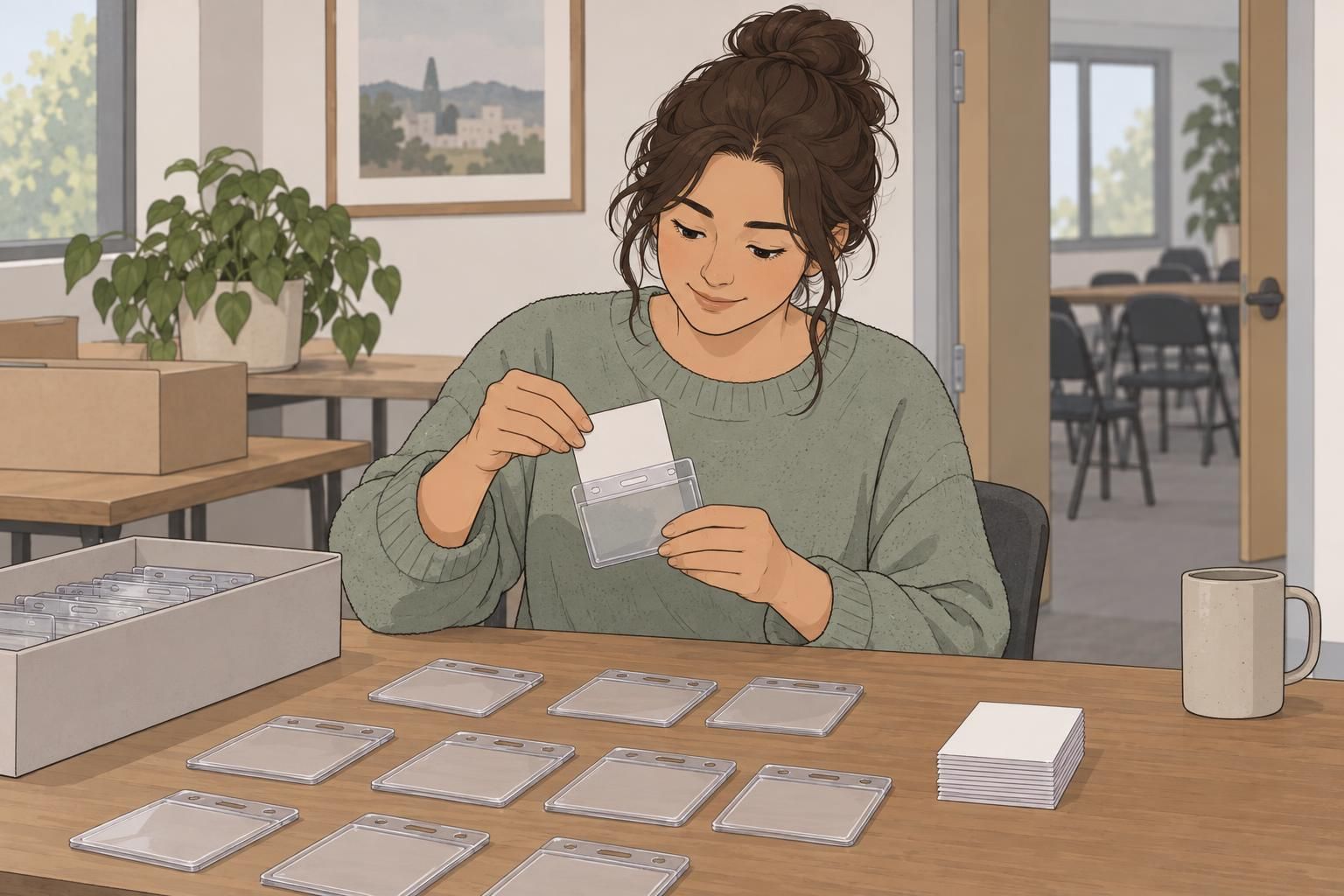 An event coordinator prepares reusable name tag holders with blank removable inserts before a volunteer shift.