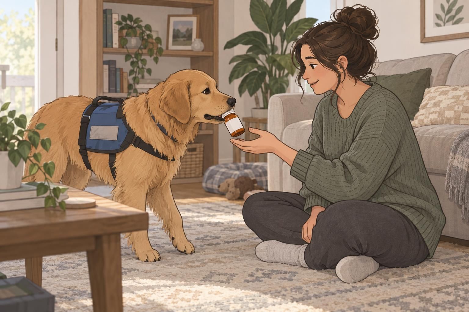 A service dog brings a medication bottle to its handler at home.