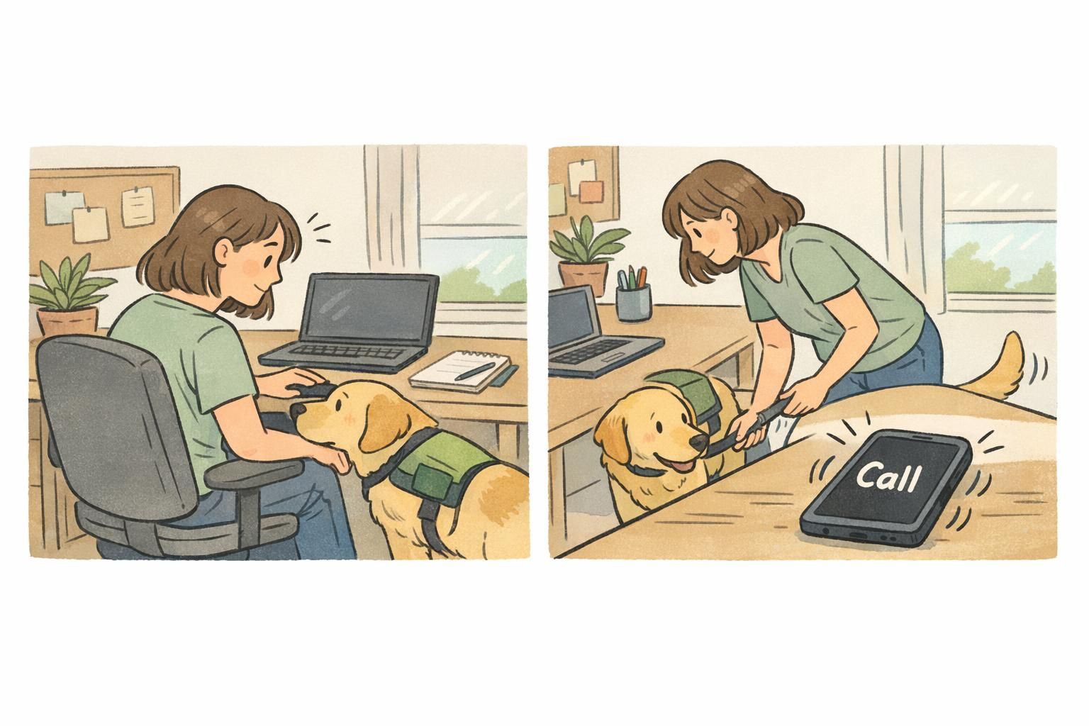 A home office scene where a hearing dog nudges to draw attention to a vibrating smartphone on the desk, highlighting work-from-home alerts.