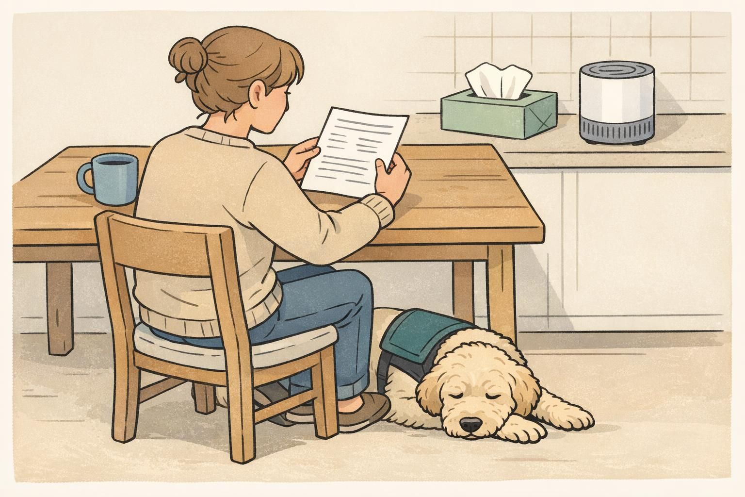 A handler reads a one-page allergy guide at a kitchen table while a low-shedding service dog rests at their feet and a small air purifier sits on the counter.