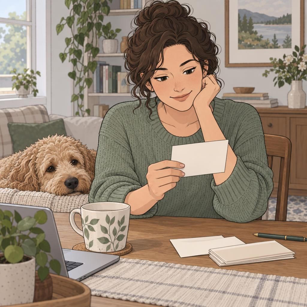 A handler reviews service dog registration materials at home while a curly-coated dog rests nearby.