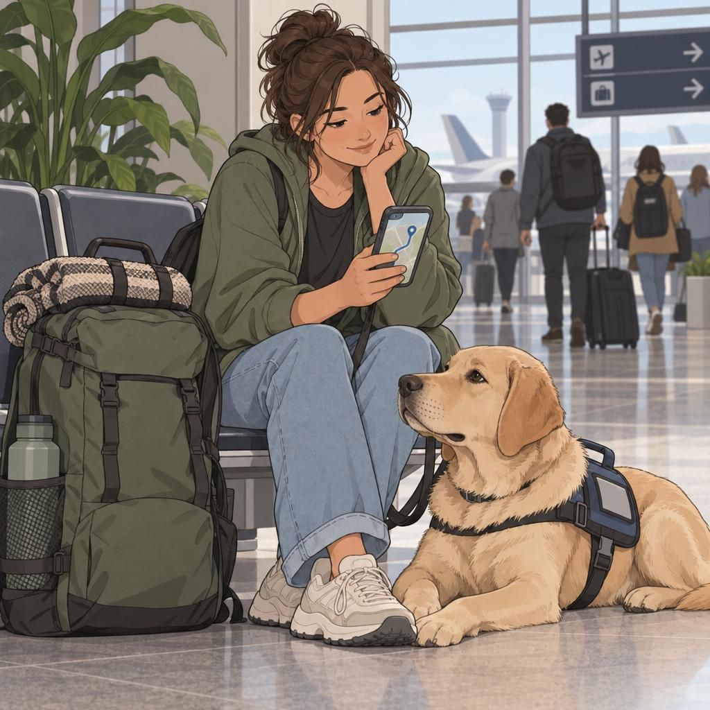 A traveler checks a route on a phone beside a service dog and packed bag while preparing for a trip.