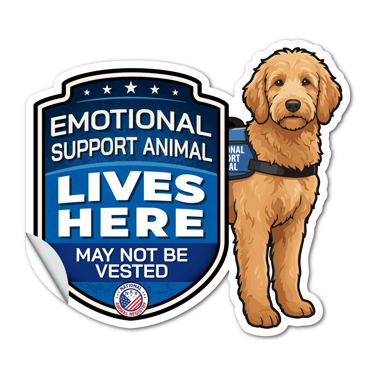 Emotional Support Animal Lives Here Goldendoodle Sticker – ESA Dog Warning Decal – May Not Be Vested – Weatherproof Vinyl