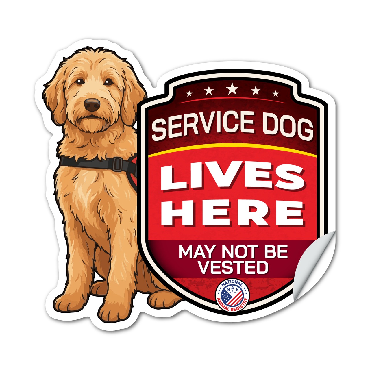 Service Dog Lives Here Goldendoodle Sticker – Working Dog Warning Decal – May Not Be Vested – Weatherproof Vinyl