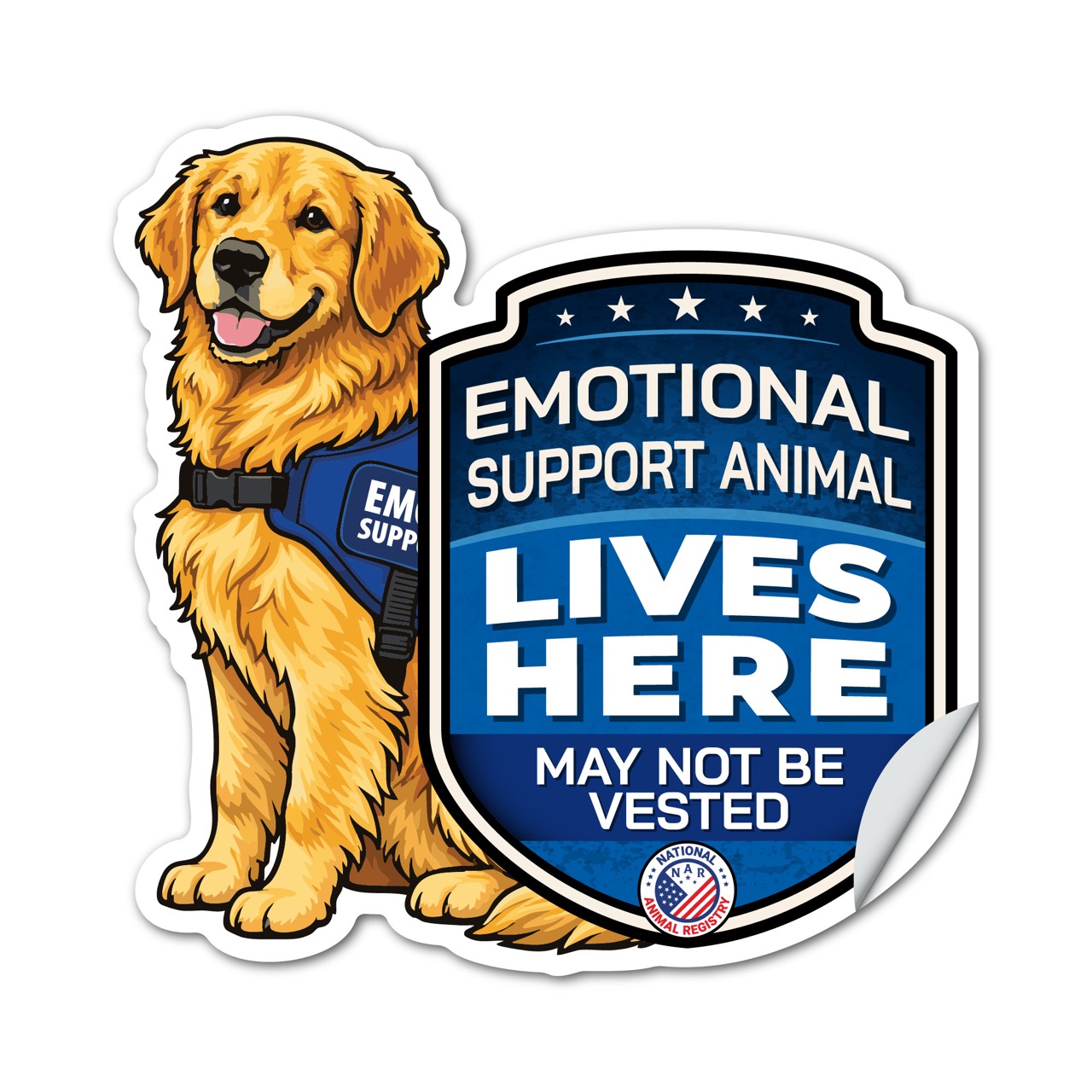 Emotional Support Animal Lives Here Golden Retriever Sticker – ESA Dog Warning Decal – May Not Be Vested – Weatherproof Vinyl