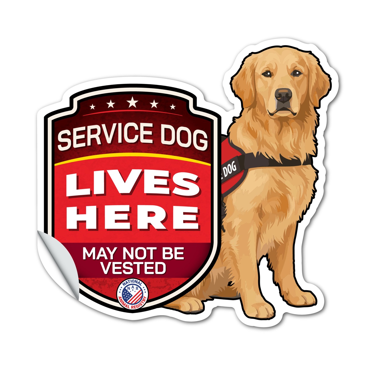 Service Dog Lives Here Golden Retriever Sticker – Working Dog Warning Decal – May Not Be Vested – Weatherproof Vinyl