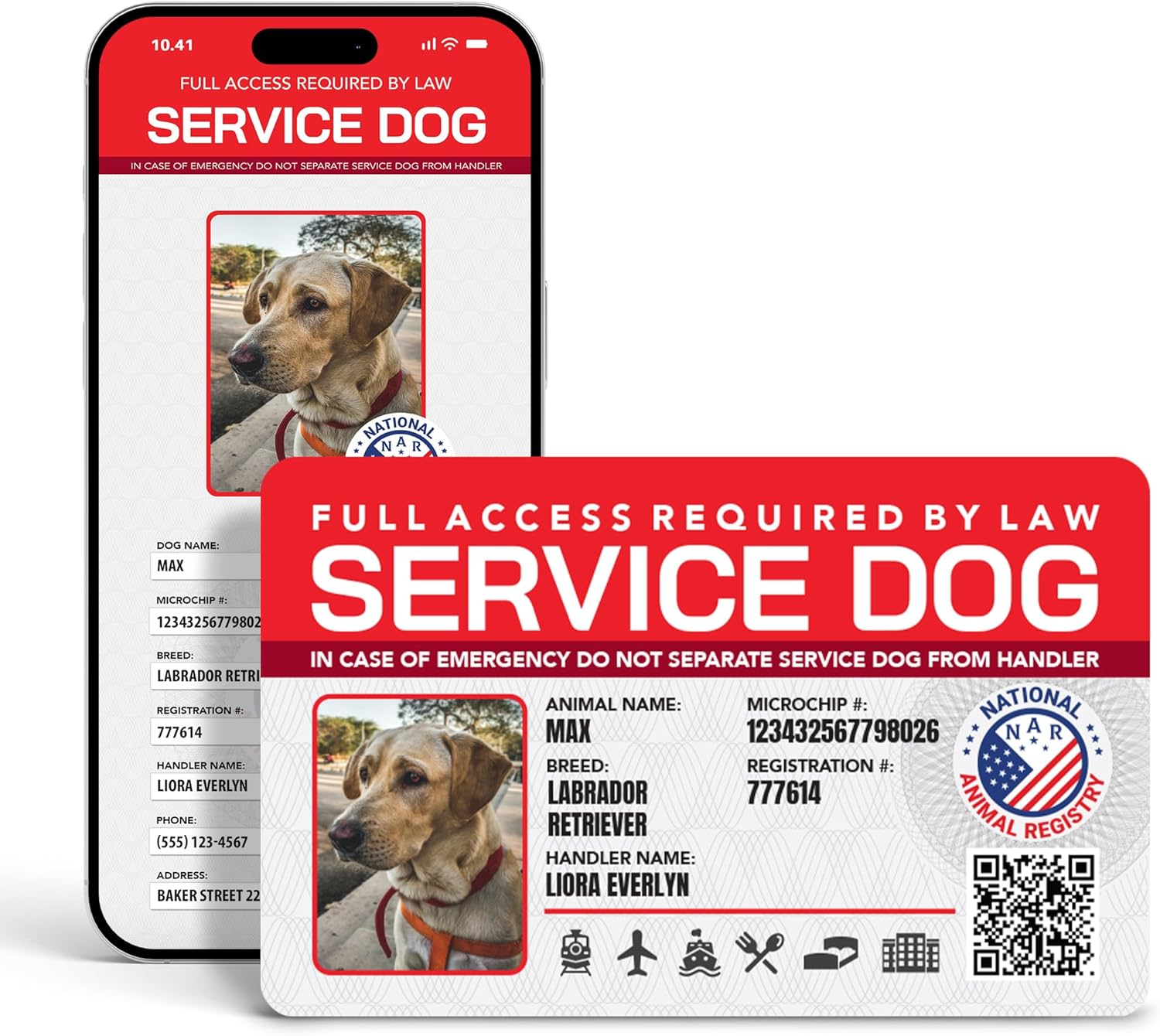 Customizable Service Dog ID - Horizontal - 14 Service Dog Types: PTSD, Guide, Emotional, Autism, etc. - Printed ID & Personal Digital Page on National Animal Registry - ADA Reference