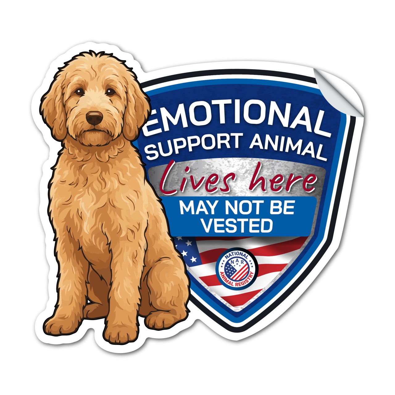 Goldendoodle Emotional Support Animal Sticker No Vest – ESA Lives Here Sign Decal – May Not Be Vested – Waterproof Matte Vinyl