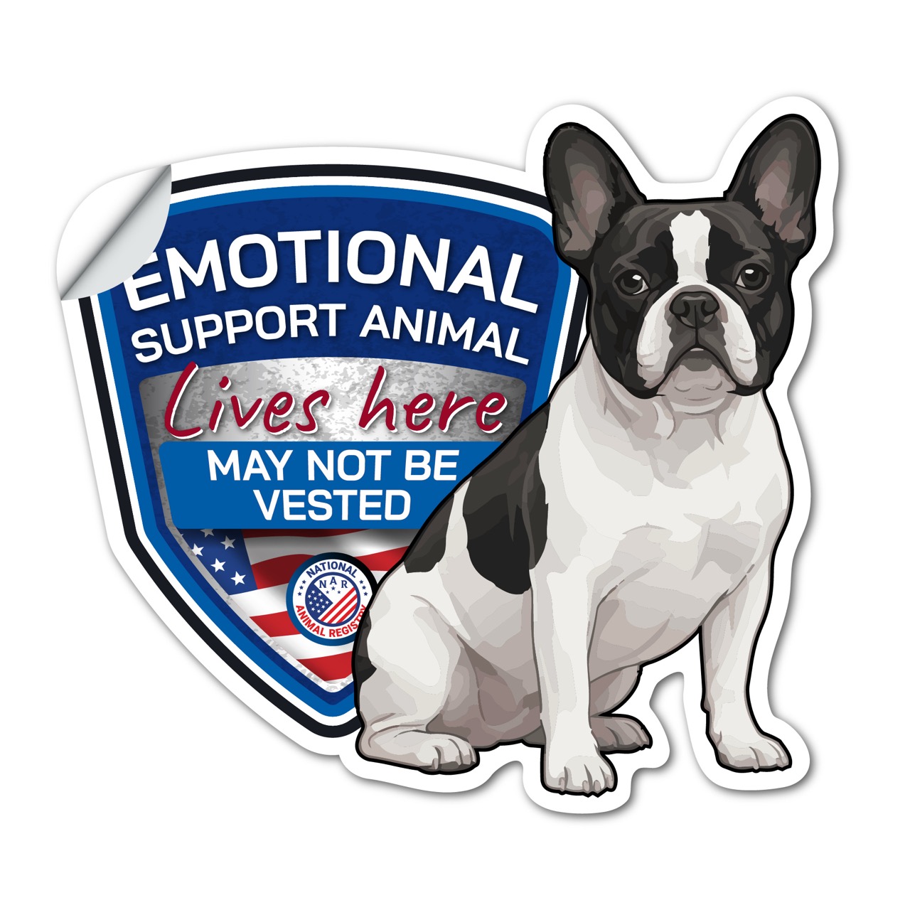 Emotional Support Animal Lives Here French Bulldog Sticker No Vest – ESA Dog Sign – May Not Be Vested – Weatherproof Vinyl