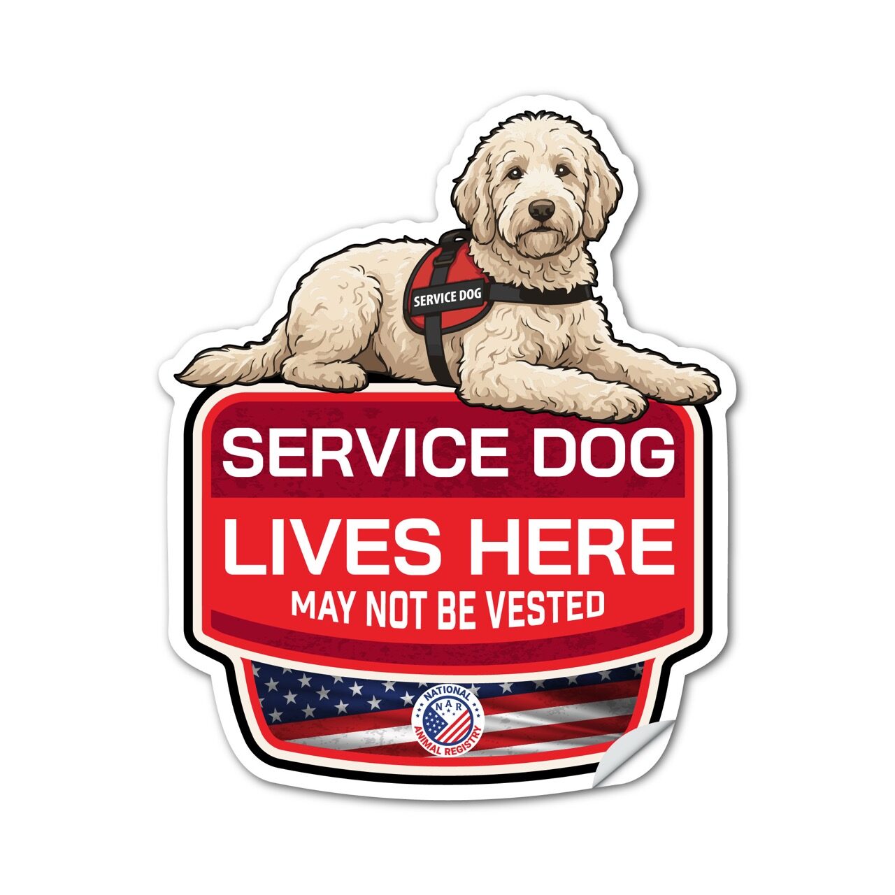 Goldendoodle Service Dog Lives Here Sticker – SD Dog Sign Decal – May Not Be Vested – Waterproof Matte Vinyl