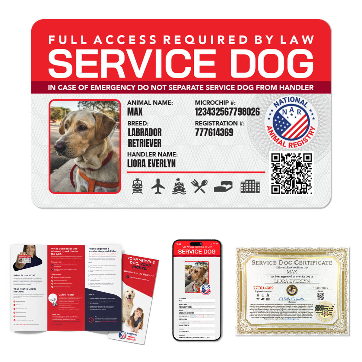 Service Dog Standard Registration Package with Digital Profile, Printed ID Card and Certificate