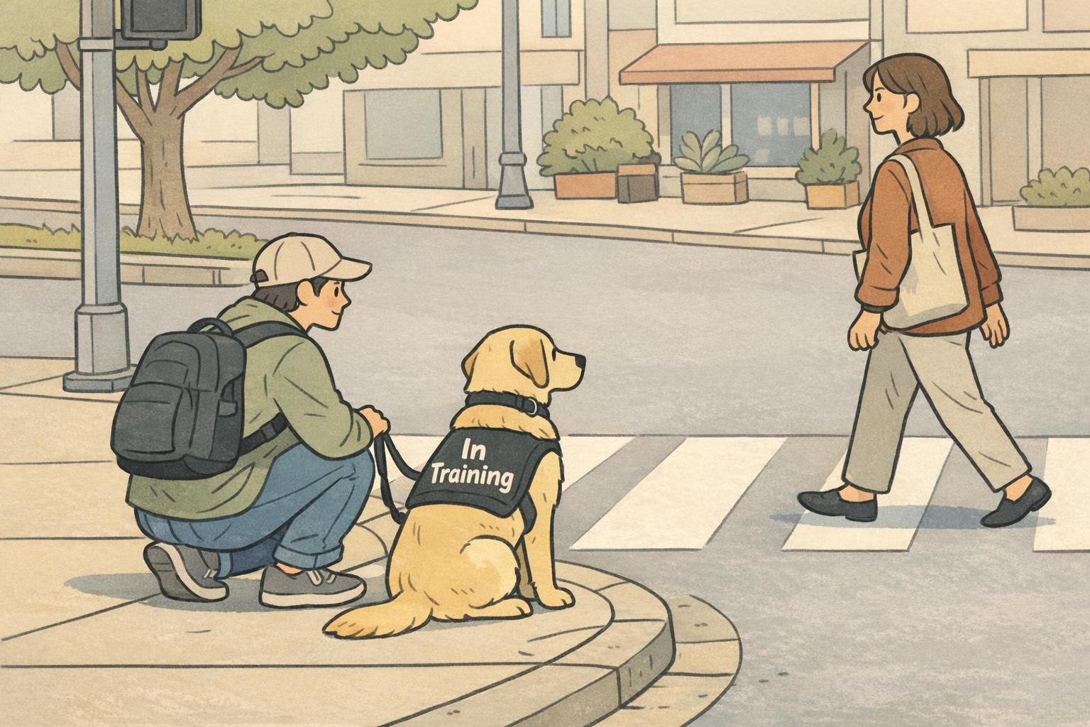 A handler practices a calm sit-stay with a service dog at a quiet crosswalk during a real-world training session to build public reliability and focus.