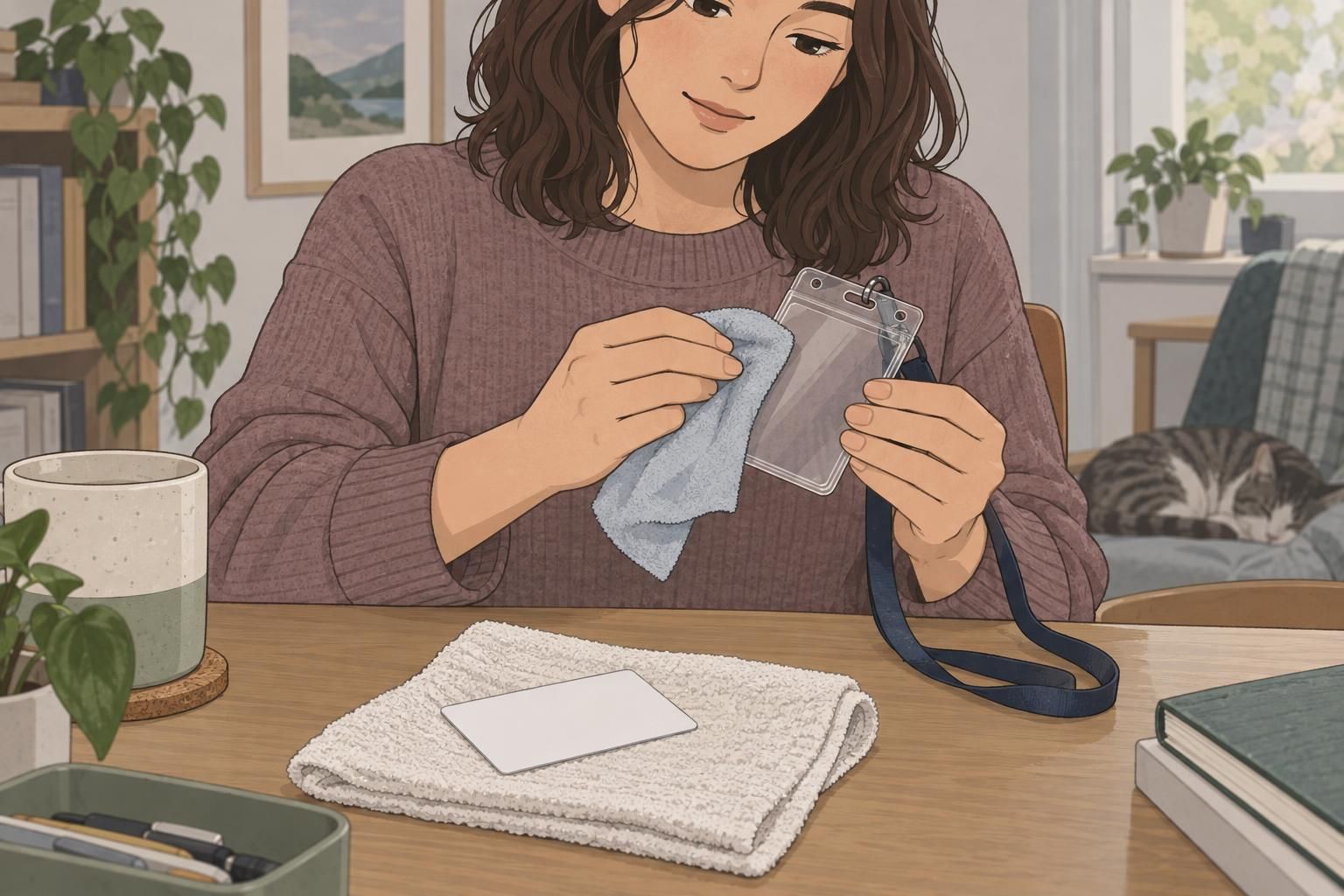 A person wipes a transparent badge holder with a soft cloth beside an ID card resting on a dry towel.