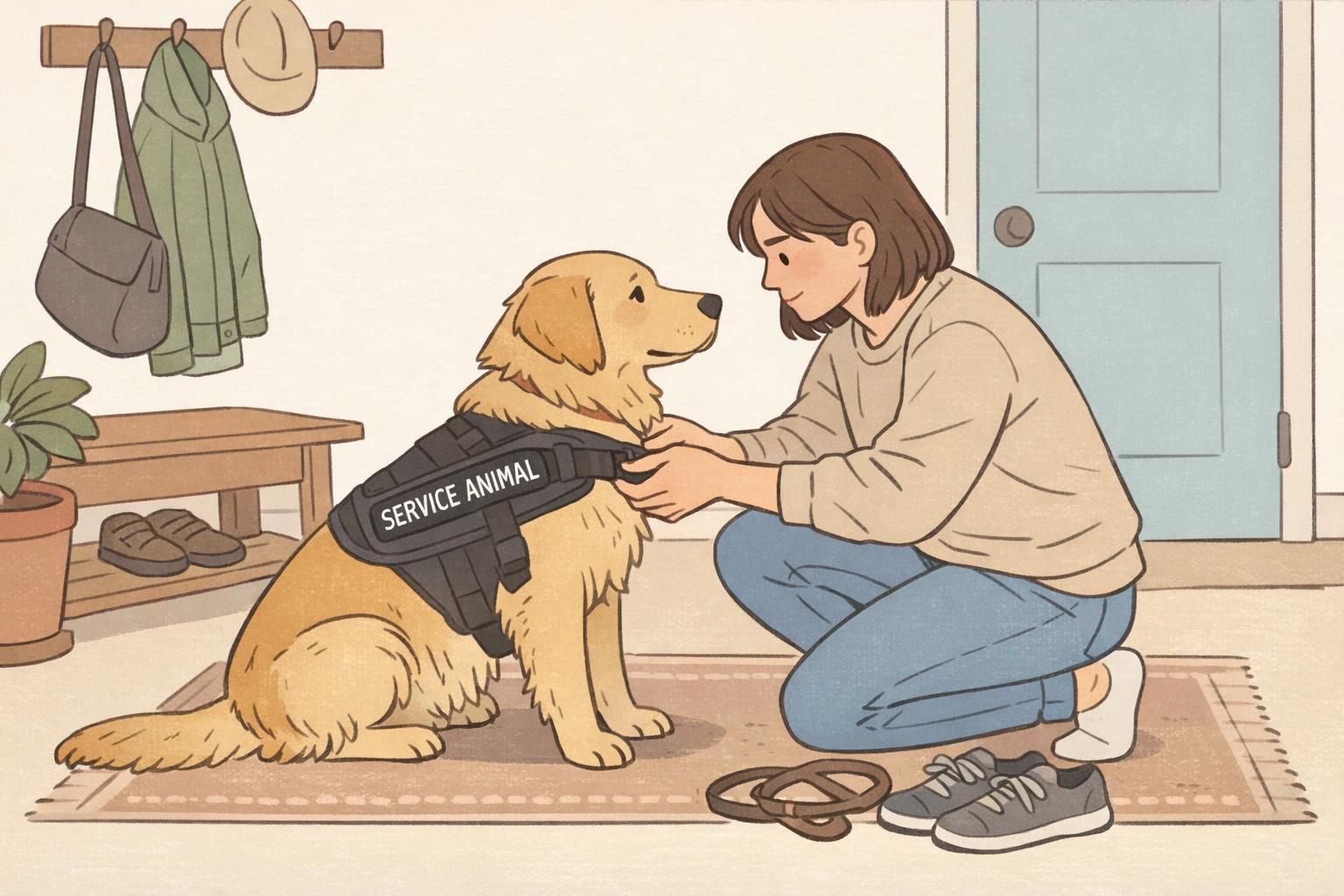 An adult adjusts a service dog's vest and checks the fit around the chest and shoulders inside a home entryway to ensure comfort and secure fit.