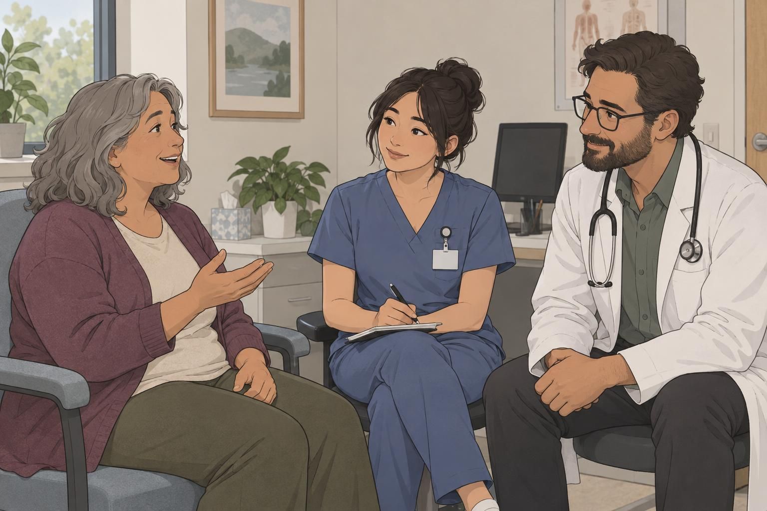 A patient asks a question while a student wearing an ID badge and a supervising clinician listen in a consultation room.