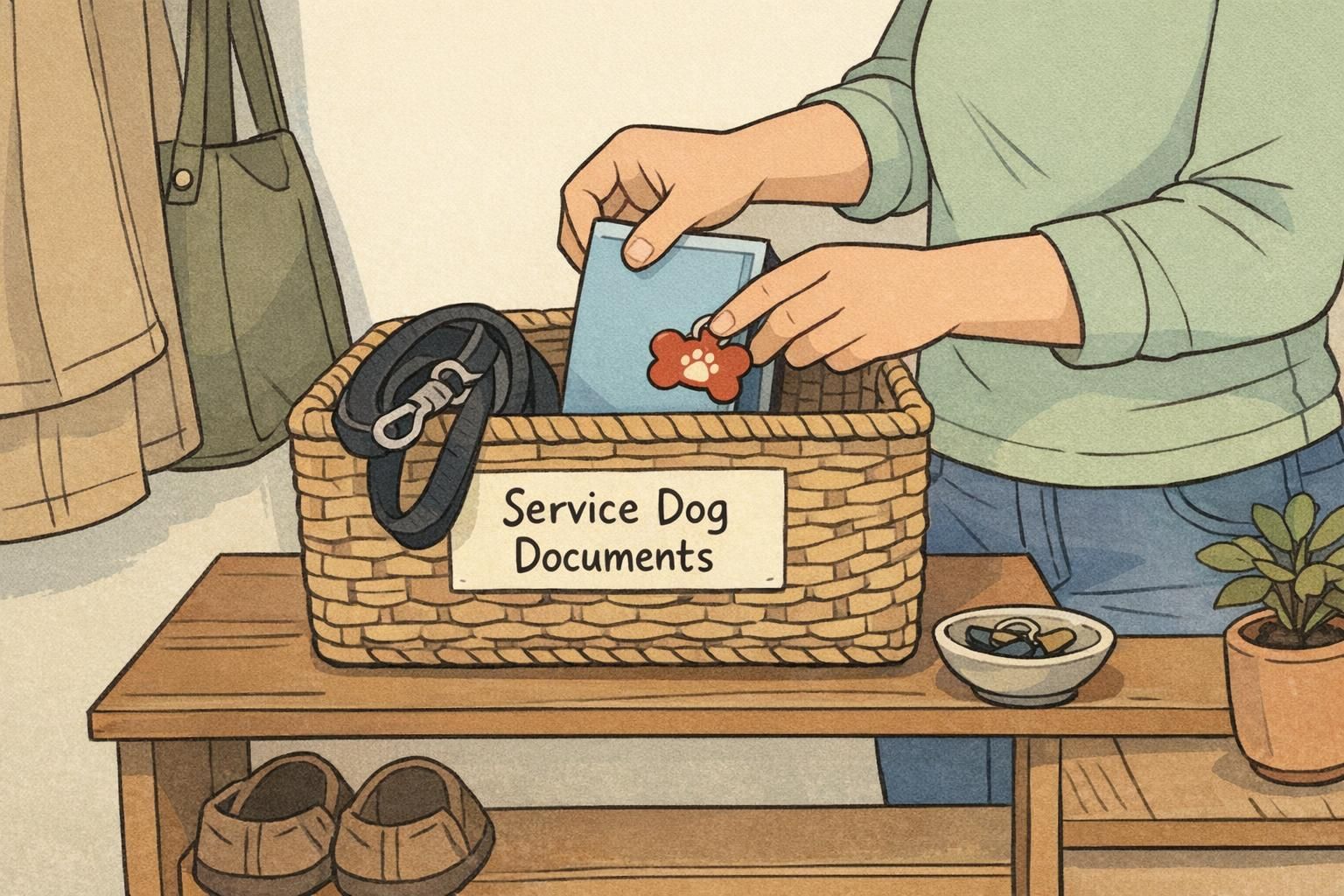 A home entryway scene showing a leash, vaccination tag, and a service dog document folder neatly stored in a basket for travel and daily outings.