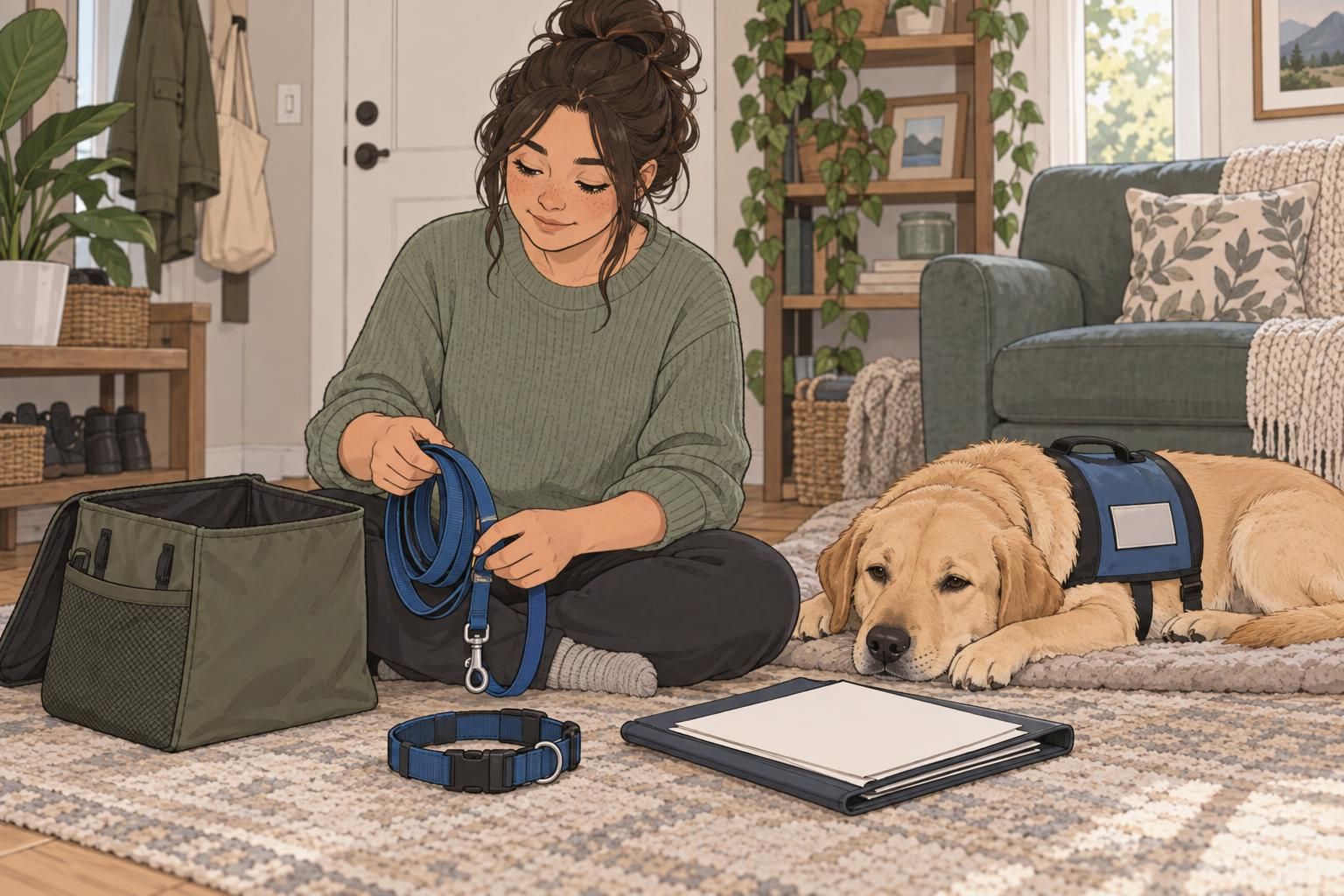 A handler organizes a leash and collar while a service dog rests nearby at home.